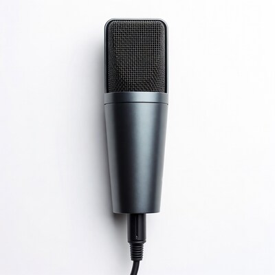 Black condenser microphone on white background
