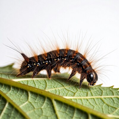 Hairy caterpillar on green leaf