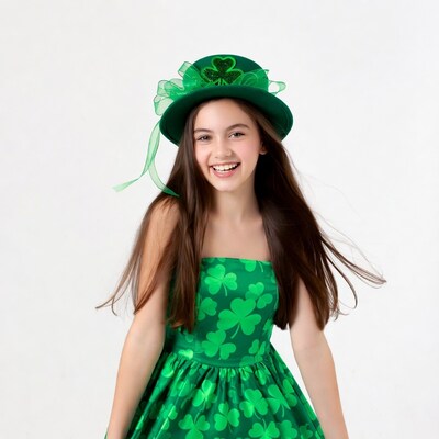 Girl in shamrock dress and leprechaun hat