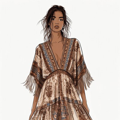 Woman in fringed boho dress illustration