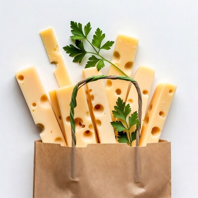 Emmental cheese sticks in paper bag