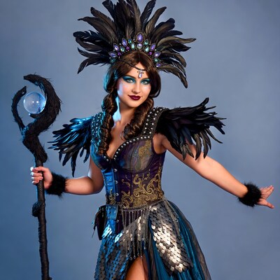 Woman in feather headdress holding crystal staff