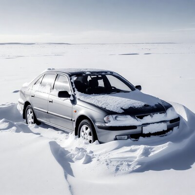 Silver car stuck in snow