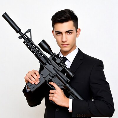 Young man in suit holding rifle