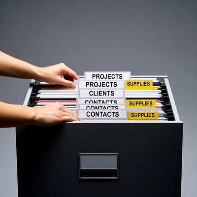 Woman organizing filing cabinet drawers