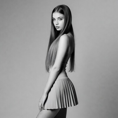 Side profile of woman in pleated skirt
