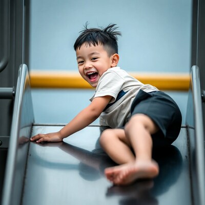 Asian boy sliding on playground slide