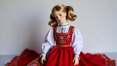 Blonde doll in red embroidered dress