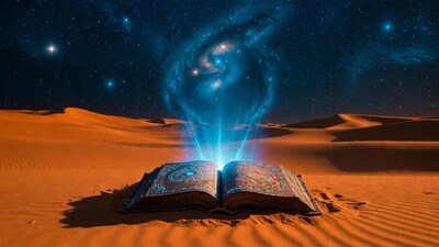 Open book emitting galaxy in desert