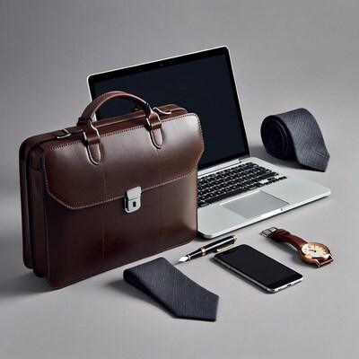 Brown leather briefcase with laptop and accessories
