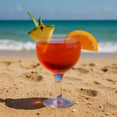 Tropical red cocktail on beach