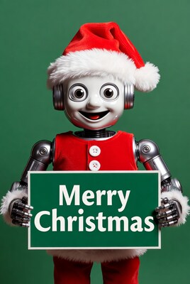Robot holding Merry Christmas sign
