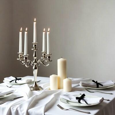 Silver Candelabra with Lit Candles on Table