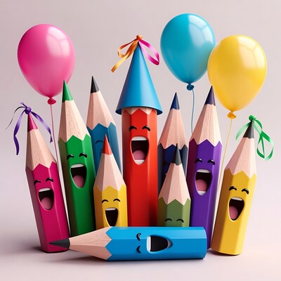 Colorful cartoon pencils with balloons