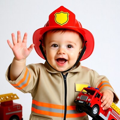 Baby boy waving in firefighter costume