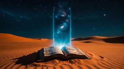 Open book portal in desert night sky