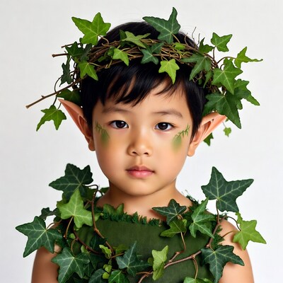 Asian boy in ivy elf costume