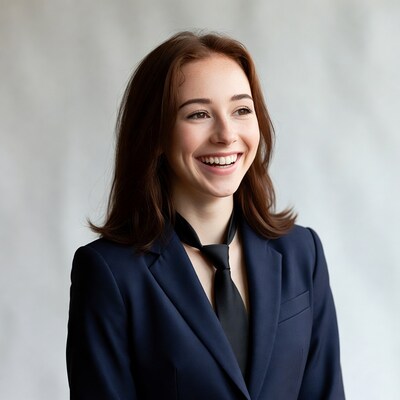 Smiling woman in navy blazer and black tie
