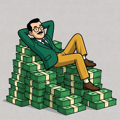 Man relaxing on money pile