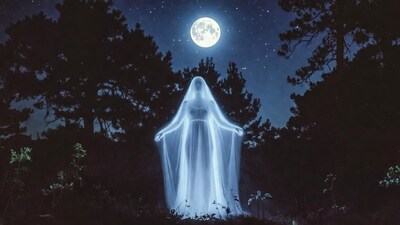 Glowing Ghost Woman in Moonlit Forest