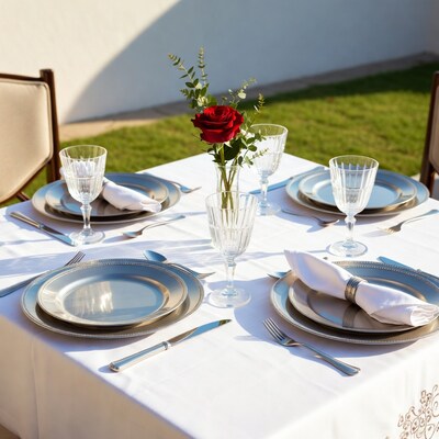 Elegant outdoor table set with red rose