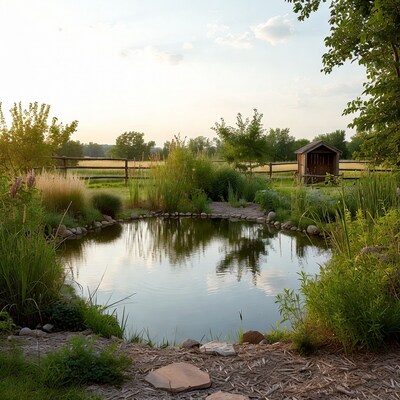 Garden pond with rocks and greenery