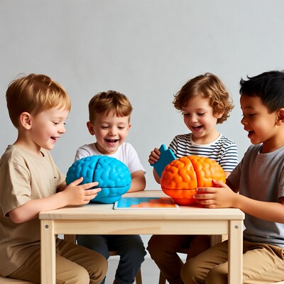 Boys playing brain puzzle game