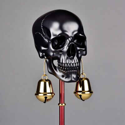 Black skull with gold bell earrings