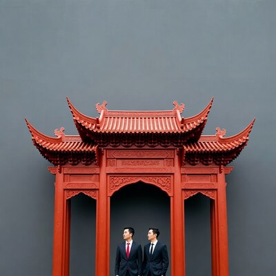 Two Asian men in suits under red Chinese gate