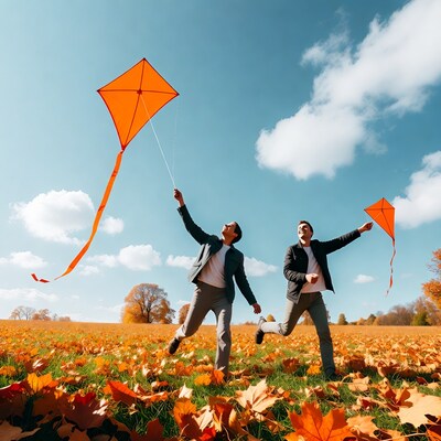 Two men flying orange kites in autumn field