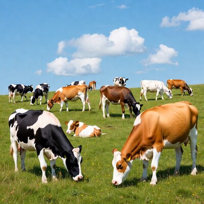 Herd of cows grazing green field