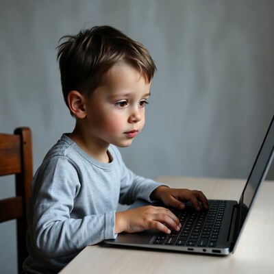 Boy typing on laptop