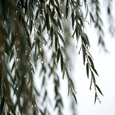 Willow branches with rain droplets