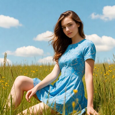 Woman in blue dress sitting in yellow flower field