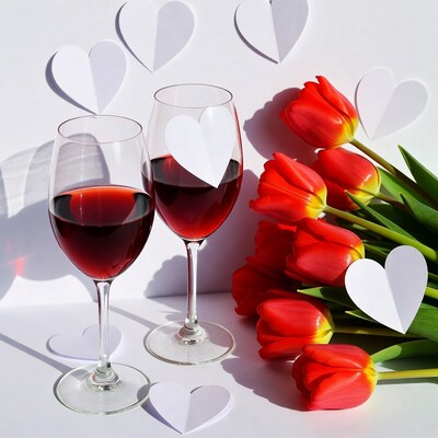 Red Wine Glasses with Tulips Hearts