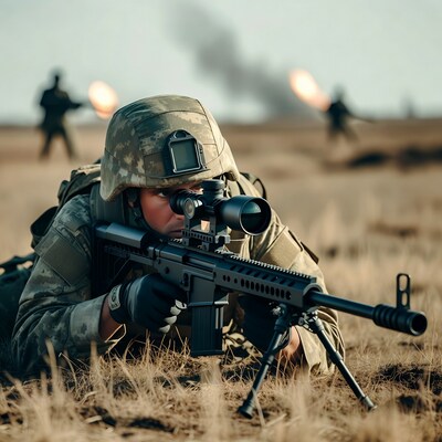 Soldier aiming sniper rifle prone in field