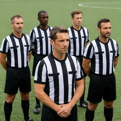 Group of soccer referees on field