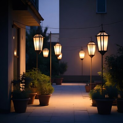 Glowing Lanterns in Courtyard at Night