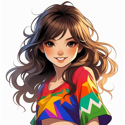 Anime girl with colorful off-shoulder top