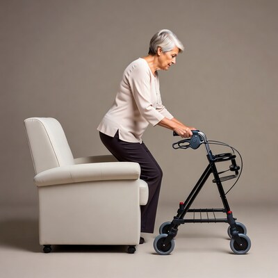 Elderly woman using walker by chair