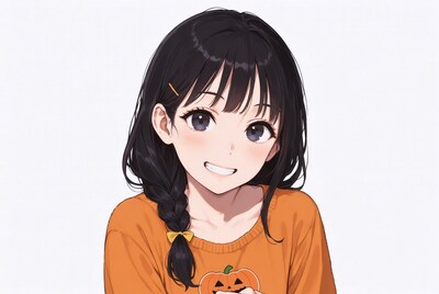 Anime girl smiling in Halloween sweater