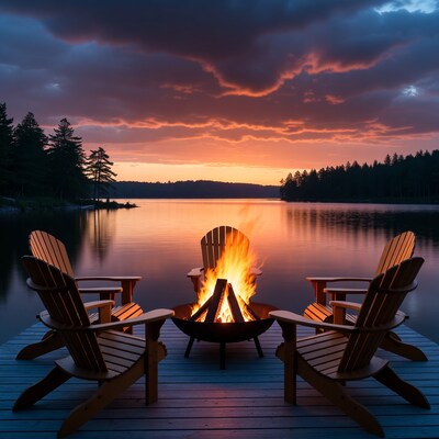 Campfire on dock at sunset lake