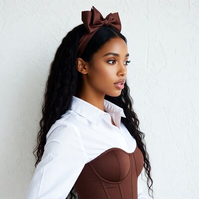 Black woman in white shirt brown corset