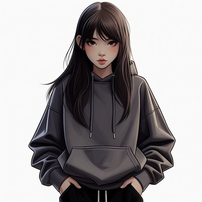 Asian girl in gray hoodie