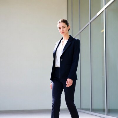 Woman in navy business suit by glass wall