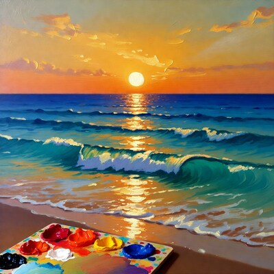 Sunset Beach Oil Painting with Palette