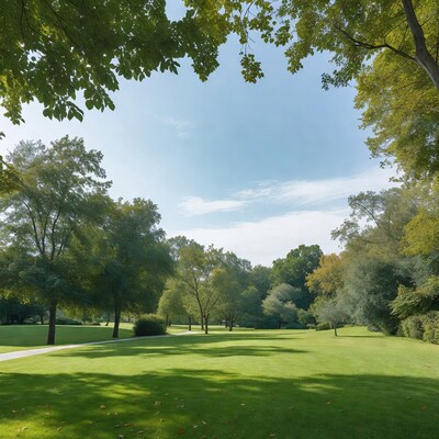 Sunny park with green trees and path