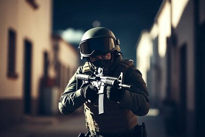 SWAT soldier aiming rifle in alley