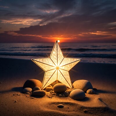 Glowing Star Lantern on Beach Sunset