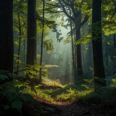 Sunlit Forest Path with Tall Trees